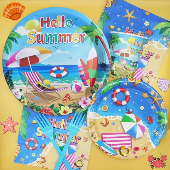 Beach Party Supplies Serves 20, Beach Party Decorations, Beach theme Plates and Napkins, Summer Pool Party Set, Summer themed Paper Tableware Set {2}