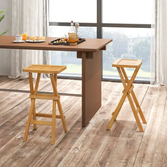 Set of 2 Natural Teak Wooden Outdoor Bar Stools with Countered Seat Perfect Fit for Any Bar {3}