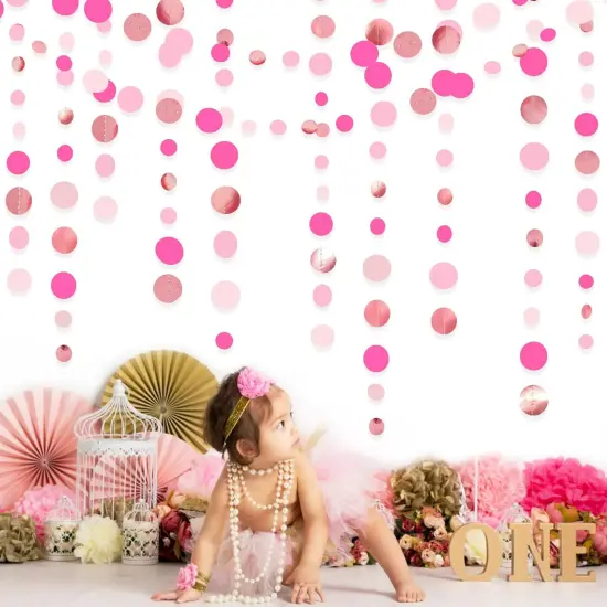 Hot Pink Rose Gold Party Decorations Circle Dots Garland Hanging Polka Dot Streamer for Girls Birthday Bachelorette Baby Shower Wedding Bridal Shower Anniversary Hen Party Supplies {5}