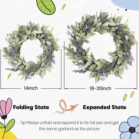 20" Spring Lavender Wreath for Front Door - Spring Door Wreath with Purple Floral Design, Lambs Ear, Wall Hanging for Farmhouse D&eacute;cor, Indoor Outdoor Use, Party & Holiday {2}
