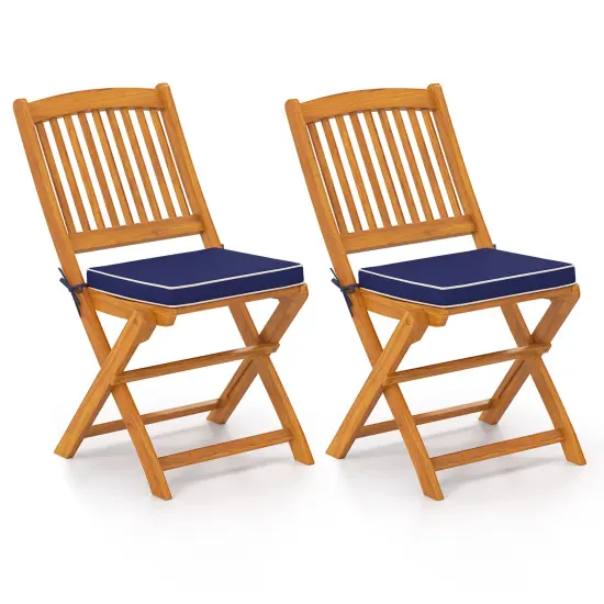 Set of 2 Armless Outdoor Folding Chairs with Seat Cushions and Slatted Backrest Red {7}