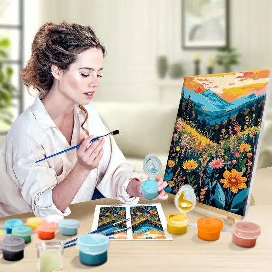Mountain Paint by Numbers Kit for Adults with Frame, Flowers Paint by Number with Easel, DIY Landscape Adult Paint by Number Kits Framed Canvas for Home Wall Decor 8 x 12 Inch {4}