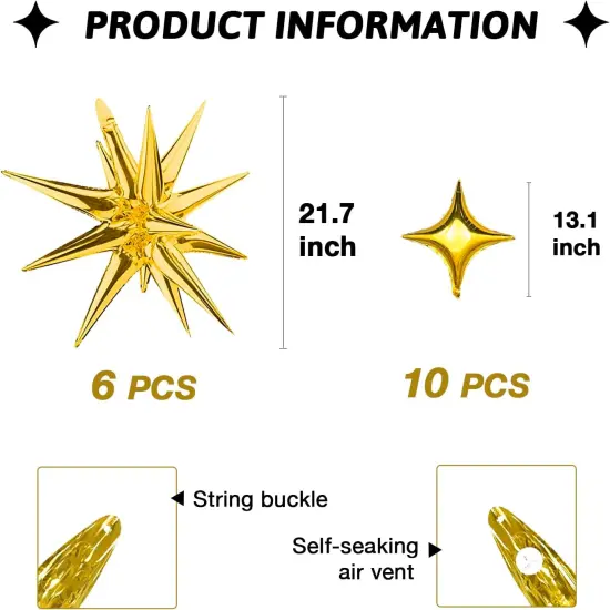 Gold Star Foil Balloons Kit with 6 Pack 12 Point Star Balloons Starburst Cone Balloons Spike Balloons and 10Pcs Four Pointed Star Balloos for Wedding Baby Shower Photo Booth Birthday Party Supplies {2}