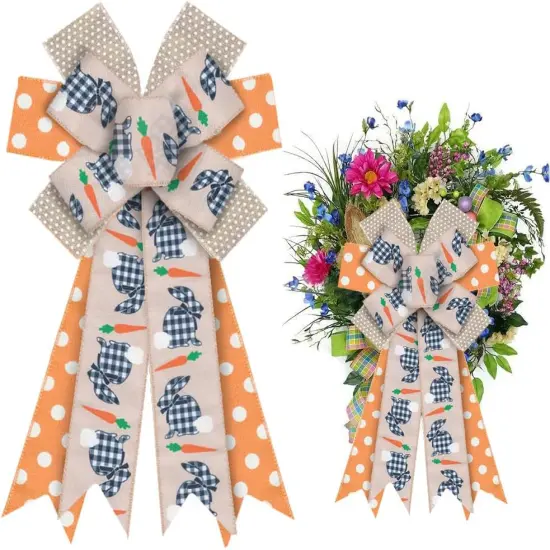 Large Easter Bunny Bows for Wreath, Happy Easter Wreath Bows Orange Natural Burlap Bows Rabbit Dots Holiday Tree Topper Bows for Front Door Spring Easter Decorations Party Supplies {1}