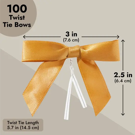 100-Pack Twist Tie Bows for Crafts, Pre-Tied Satin Ribbon for Christmas Gift Wrap Bags, Party Favors, Baked Goods, Cookies, Mini Bowties for Hair Decorations (2.5x3 in, Metallic Gold) {4}