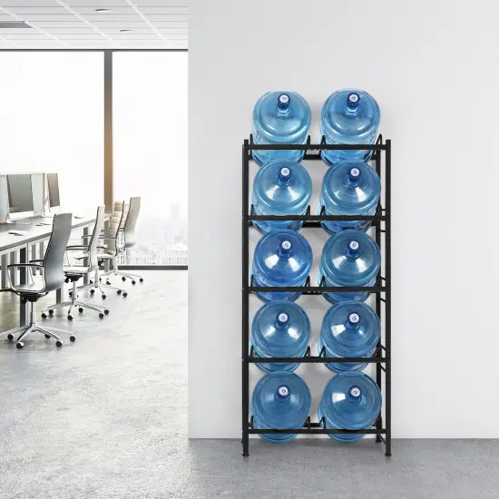 5-Tier Heavy Duty Water Cooler Jug Rack &ndash; 10-Slot Metal Storage Shelf for 5-Gallon Bottles, Detachable Floor Protector for Home/Office/Kitchen, Black {5}