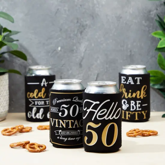 12 Pack 50th Birthday Can Cooler Sleeves for Soda, Beverages - Cheers and Beers to 50 Years Decorations and Party Favors for Women, Men (Black and Gold, 2.5x4 in) {3}
