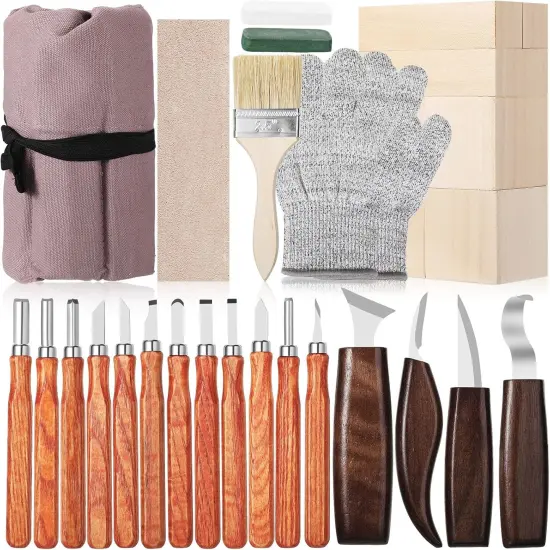 30 Pcs Wood Carving Tools Whittling Kit Include Hand Carving Knife Set Wood Blocks Cut Resistant Gloves Sawdust Brush Sharpening Stone Polishing Wax Sharpening Leather Storage Bag for Beginners {1}