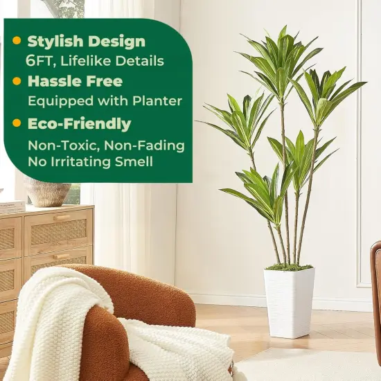 6FT Artificial Dracaena Silk Tree with White Planter - Real Touch Fake Plant for Home & Office Decor, Faux Yucca Indoor Floor Tree {2}