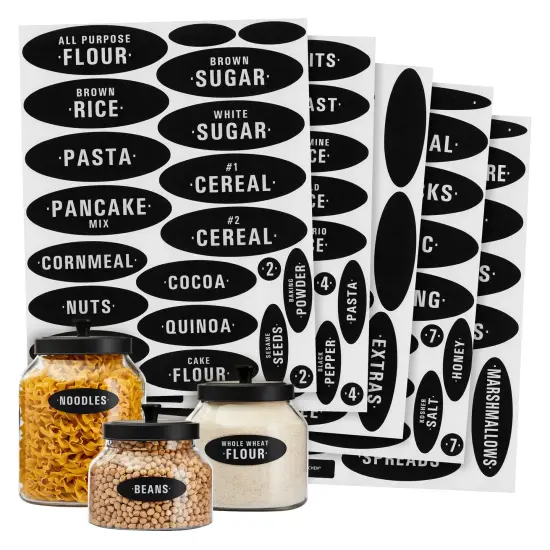 Talented Kitchen 158 Pieces Chalkboard Pantry Labels for Food Containers, Preprinted White All Caps on Black Stickers for Jars, Kitchen Canisters (Water Resistant) {1}