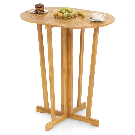 Natural Teak Wood Folding Bar Table with Oval Top, Cross Base and Space-Saving Design {4}