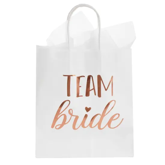 15-Pack Team Bride Gift Bags with White Tissue Paper for Bridesmaid Proposal, Bridal Shower, Wedding Party Favor Bags with Handles, (Rose Gold Foil, White, 8x4x9 in) Pink {5}