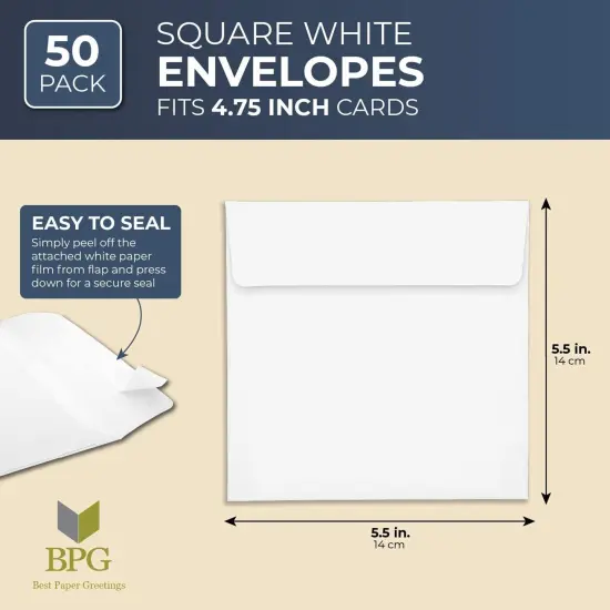 50 Pack Square Envelopes, 5.5 x 5.5 inch for Personalized Greeting Note Cards, Wedding Invitations, Self Adhesive Peel-Off-and-Stick (White) {2}
