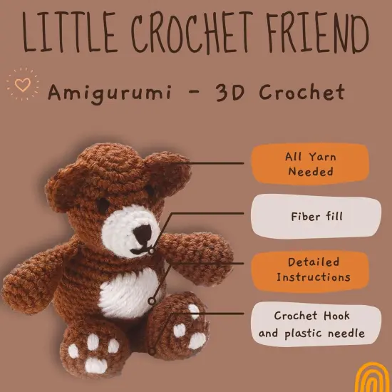 Little Crochet Friend Animals Crochet Kit, Bear, 8", Complete Kit, Learn to Animal Starter Kit for All Ages, Includes Instructions, DIY Amigurumi Kits {3}
