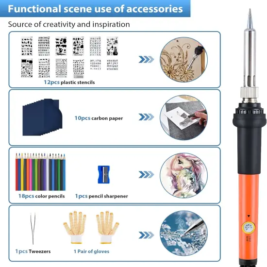 Wood Burning Kit for Adults with Gloves, 130pcs Wood Burning Pen Tool Set with Adjustable Temperature 200~450 &deg;C Switch Pyrography Pen Kit for Embossing Carving Soldering {3}