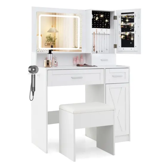Makeup Vanity Desk with Mirror and Lights Dressing Table and Stool Set-White {1}