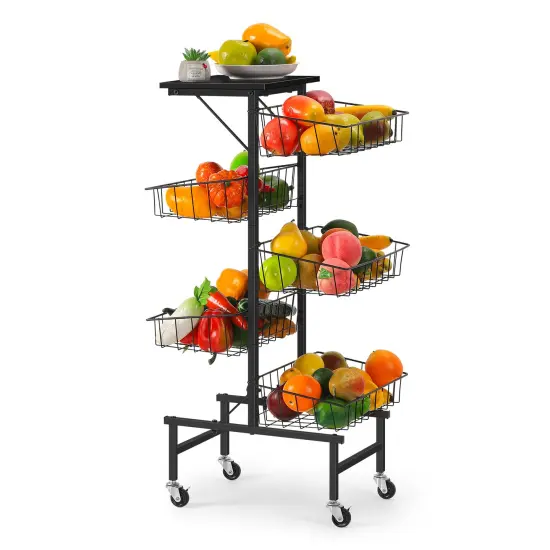 6-Tier Rolling Kitchen Cart with Wooden Top &ndash; Large Metal Fruit & Vegetable Basket Organizer, Rustproof Storage Cart with Wheels for Home, Office, Laundry Room {1}