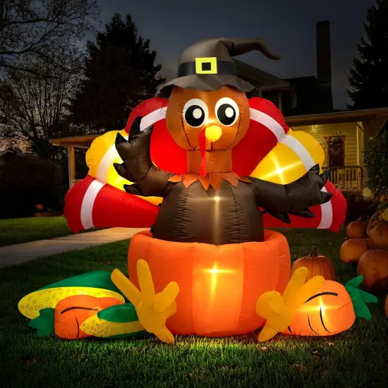 7ft Long Thanksgiving Inflatable LED Lighted Turkey Inside Pumpkin Blow up Outdoor Lawn Yard Decoration {1}