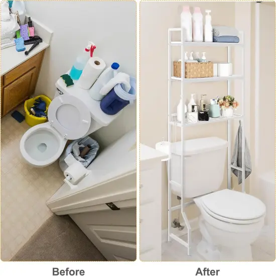 3-Tier Over-The-Toilet Storage Shelf with Toilet Paper Holder | 35.6" Height-Adjusted White Wooden Organizer | Anti-Tip Space Saver for Small Bathrooms & Laundry Rooms {3}