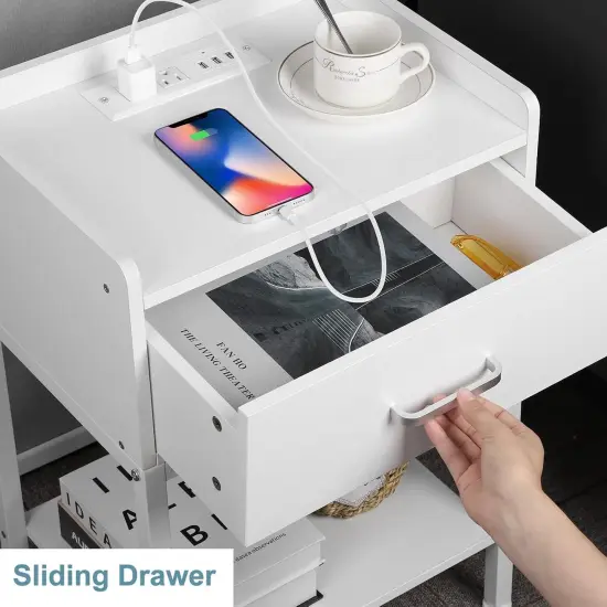 Nightstand with Charging Station & Storage Drawer, Retro Bedside Table with USB Ports, AC Outlets, and Adjustable Feet - Compact Bedside Cabinet for Small Spaces (23.6" H) {3}