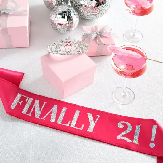 21st Birthday Sash and Crown Set for Her, Finally 21 Hot Pink Reflective Sash, Rhinestone Tiara {4}