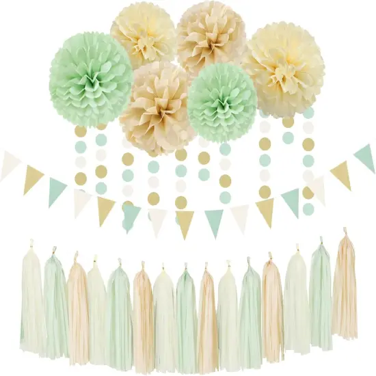 Sage-Green Gold-Champagne Party Decorations - 23pcs Neutral Birthday Baby Shower Tissue Pom Poms Streamers, Boho Wedding Bachelorette Engagement Tassel Garland Banner,Bridal Decor Suppilies Ouruola {1}