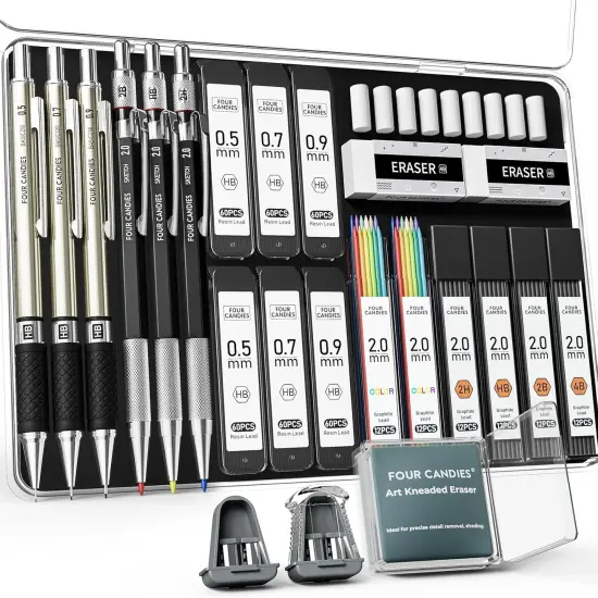 25PCS Art Mechanical Pencil Set with Case, 3PCS Metal Artist Lead Pencil 0.5, 0.7, 0.9 mm & 3PCS 2mm Holder (HB 2H 2B 4B Color) with 432PCS Graphite Lead Refills for Drawing Sketching {1}