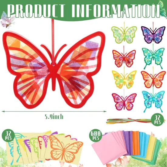 32 Pcs Butterfly Suncatchers Paper Craft Set DIY Butterfly Shaped Stained Glass Effect Tissue Paper Kits Bulk for Window Classroom Activities Art Summer Party Decorations Favors Gift {3}