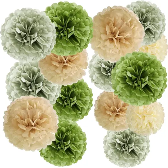 15 PCS Sage Green Pom Pom Decorations Sage Green Party Decorations Olive Green Decor Paper Flowers for Wall Sage Green Birthday Bridal Neutral Baby Shower Wedding Decor {1}