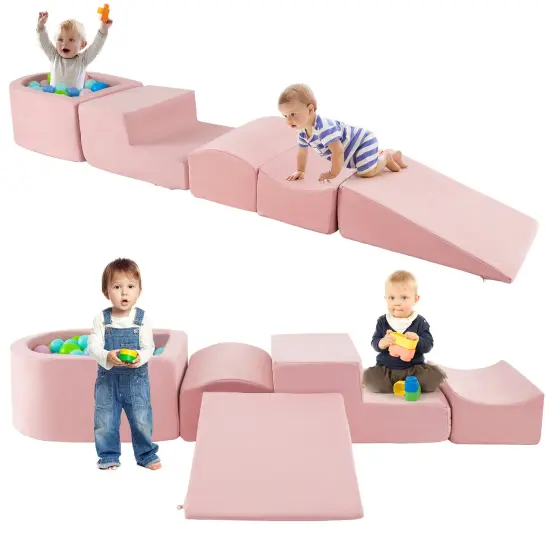 Soft Play 5-Piece Climbing Blocks Set with Slide, Ball Pit, Step and Concave for Kids Gray {8}