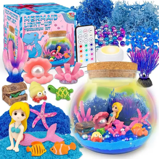 Mermaid Terrarium Kids' Summer Art & Craft Kits - LED Night Light Up & Remote Mermaid Birthday Gifts Toys for Girls Age 5 6 7 8 9 10 11 12 Year Old {1}