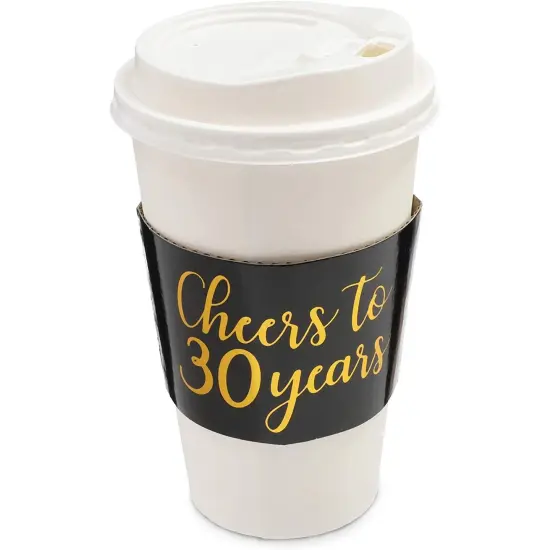 Cheers to 30 Years Coffee Cup Drink Sleeves for 30th Anniversary or Birthday, Fits 12-16 oz Cups (Gold Foil, 50 Pack) Black {4}