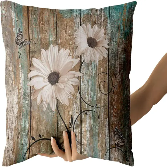 Rustic Daisy Board Pillow Covers 18x18 Inch White Sunflowers on Vintage Style Wood Plank Throw Pillowcases Set of 2 with Hidden Zipper for Couch Cushion Sofa Bedroom Home Decoration {2}
