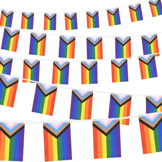 32.8ft 38 Pcs Progress Pride Pennant Flags Banner,Gay LGBTQ Rainbow Pride Banner Flag, Colorful Stripes Bunting Banner for Pride Decorations, Pride Month, Party, Restaurants, Garden Decor {1}