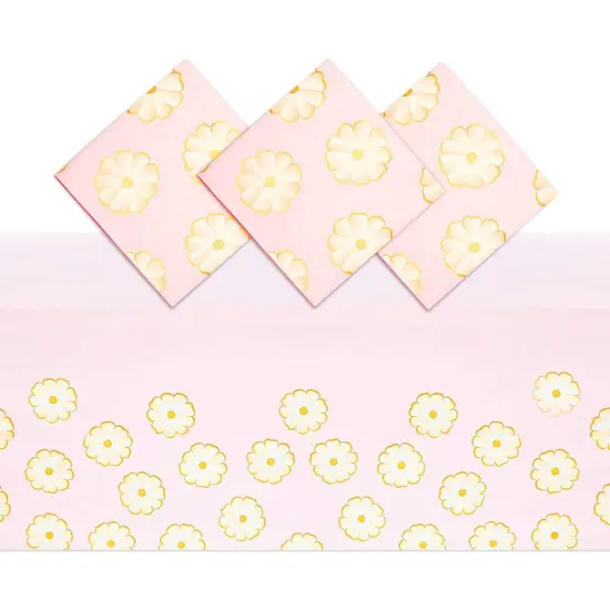 Pink Daisy Plastic Tablecloth for Weddings, Baby Showers (54 x 108 in, 3 Pack) {1}