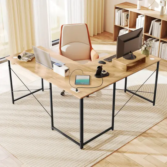 Costway L-Shaped Reversible Computer Desk 2-Person Long Table w/Monitor Stand {4}