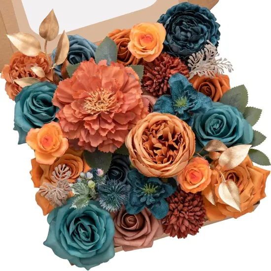 Teal Burnt Orange Silk Artificial Floral {1}