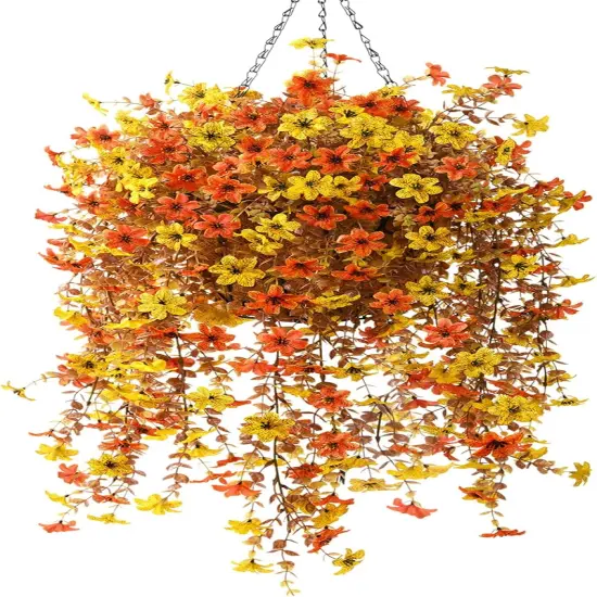 Artificial Fake Hanging Mums Flowers Plants Basket for Fall {1}