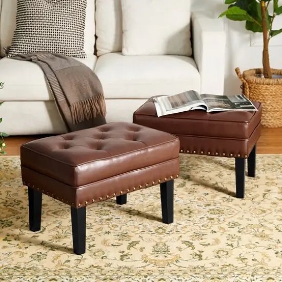 22"W Mid-century PU Leather Tufted Ottoman Foot Stool {8}