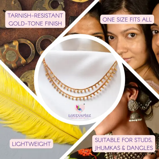 Indian Traditional Ear Chains for Women - Indian Jewellery for Earring Support Long Gold Tone Earring Chain Ear to Hair Chain Jewelry Faux Pearl Hair Accessory Bridal Jewelry for Wedding {3}