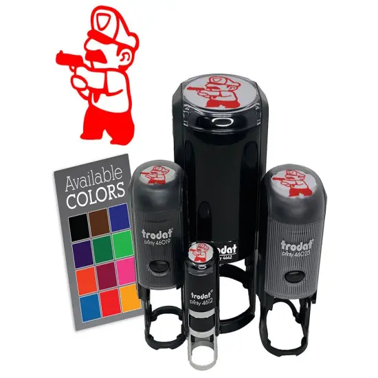 Cartoon Police Officer Cop Guard Pointing Gun Self-Inking Rubber Stamp Lime Green {7}