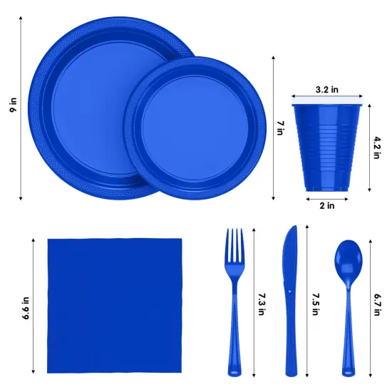 Exquisite 182 Pcs Plastic Plates for Party &ndash; Disposable Plates Set &ndash; 26 Each of 9" Dinner Plates, 7" Dessert Plates, Plastic Cups, Napkins & Plastic Cutlery &ndash; Plastic Dinnerware by Party Solids Dark Blue {2}