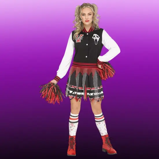 Adult Scream for the Team Costume Halloween Cheerleader Dress Varsity Jacket Skirt Ghost Face Outfit {2}
