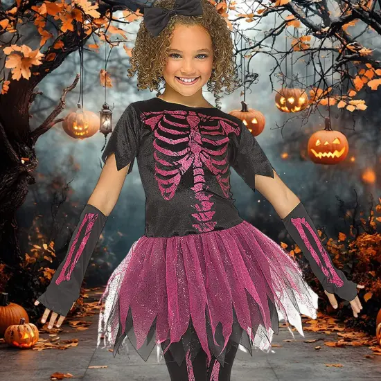 Skele Girl Pink Child Costume Skeleton Print Tutu Skirt Gloves {5}
