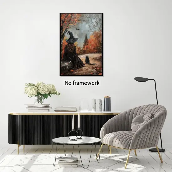 Witch and Cat Oil Painting Wall Art Vintage Halloween {4}