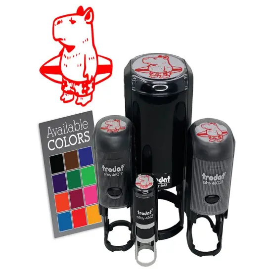 Cartoon Capybara With Surfboard and Swim Shorts Self-Inking Rubber Stamp Brown {7}