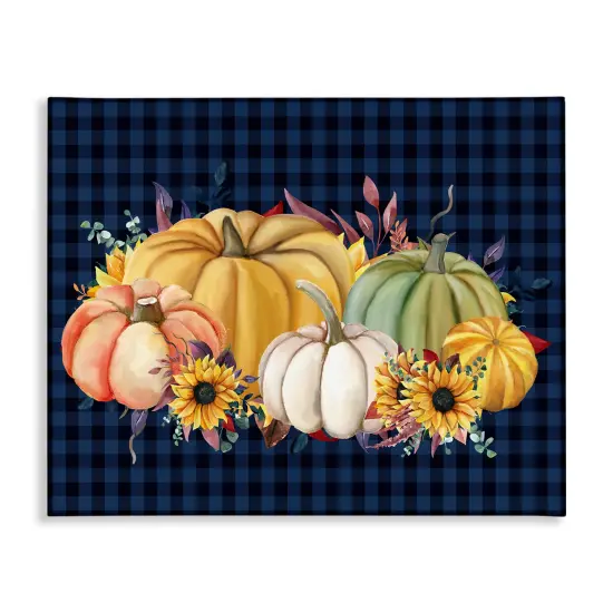 Sunflowers & Pumpkins Botanical Arrangement Blue Tartan Pattern Canvas Art {1}