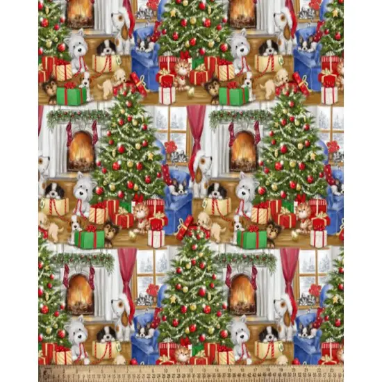 Pets On Christmas Morning Cotton Print Fabric | By the Yard | Sewing and Crafting | 44 inches wide {1}