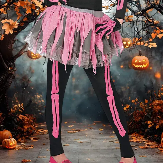 Girls Pink Skeleton Costume with Tutu Skirt and Gloves {6}