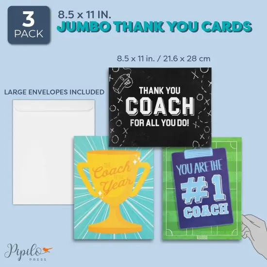Pipilo Press 3 Pack Jumbo Thank You Coach Card with Envelopes for Teacher Appreciation, Mentors, Letter-Size (8.5 x 11 In) Multicolor {2}